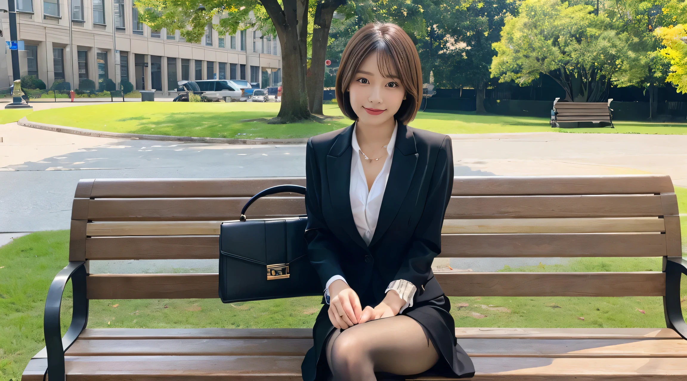 Highest quality、8k、masterpiece、Ultra-high resolution、Clear photos、Professional Lighting、Natural light、Realistic,、Highly detailed skin、Perfect Anatomy、One Woman、30 years old、Baby Face:1.6、Large Breasts、(Large areola)、Large erect nipples:1.2、Glamour、Very short bob hair:1.8、Brown Hair:1.8、Beautiful Hair、Thin legs、smile、Office Suits、Luxury Suits、(Perfect Pantyhose:1.2)、(Black jacket)、(Tight mini skirt)、at the park、Sitting on a bench、(Skirt Lift)、Sit with your legs apart、Exposed thighs、