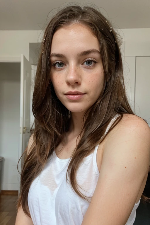White girl with freckles with smooth hair