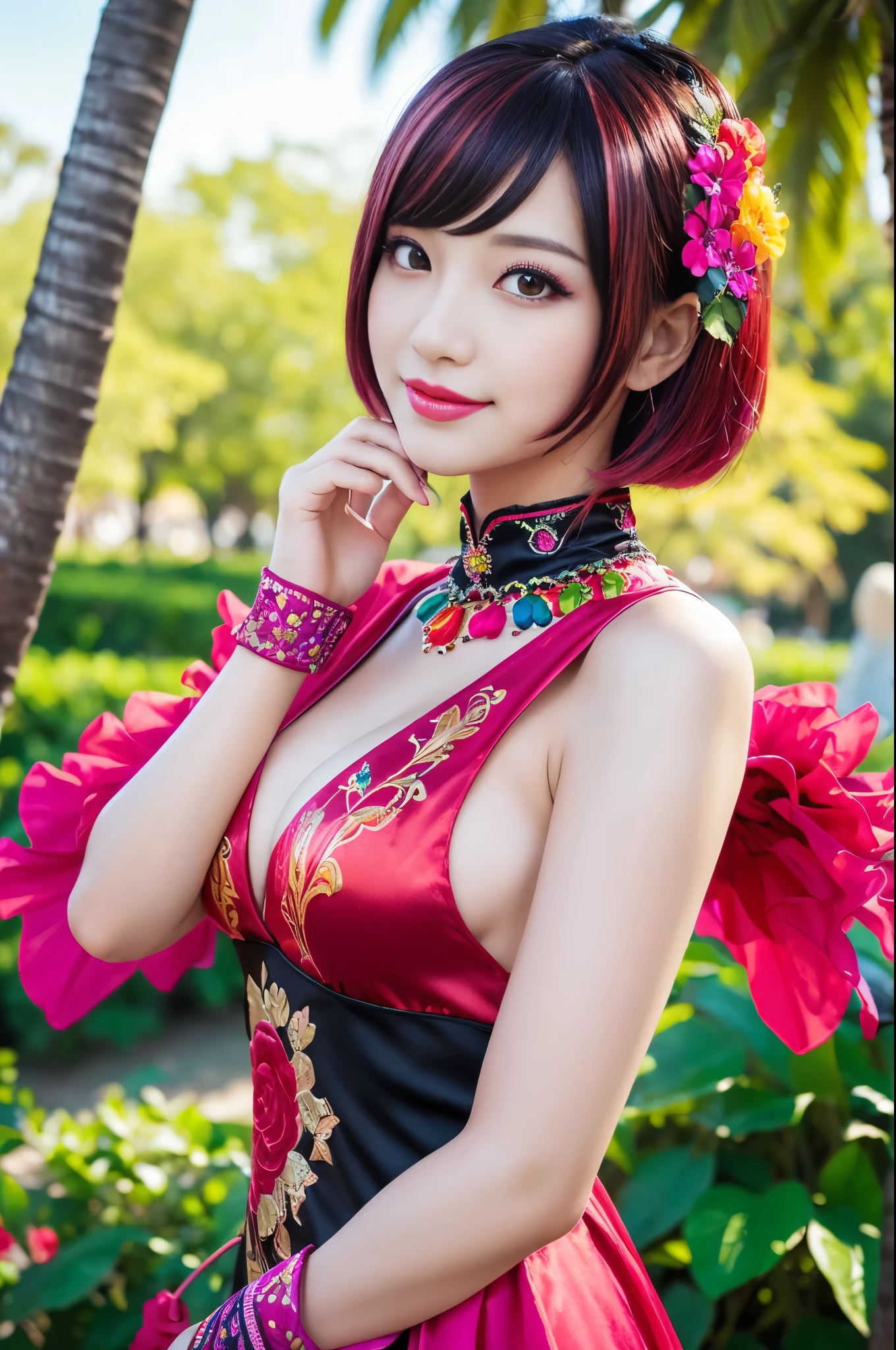 (masterpiece:1.4), (best quality:1.4), ultra high res, ultra high resolution, ((detailed facial features)), HDR, (realistic, photorealistic, photo-realistic:1.37), full body Esbian, sexy Vietnamese model, (-anime), vivid colors, ((vivid colors multicolor (red, fuchsia) very short hair)), (happy smile), lip-gloss, long lashes, beautiful makeup, defined eyebrows, wearing large sparkling colorful jewelery, wearing a red silk Paradise Kiss cosplay dress with black floral embroidery, ((vivid colors outfit)), vivid colors, look at the camera, cinematic light, large park background with trees, sweet and sexy pose