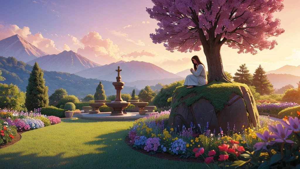 Create an ultra-detailed, high-quality image in Pixar style of Jesus crist praying in a garden. Jesus crist should be depicted as a serene and compassionate figure, with soft and expressive facial features typical of Pixar characters. He is kneeling in prayer, with his hands clasped and his head slightly bowed. The setting is a peaceful garden with ultra-detailed lush trees, vibrant colorful flowers, and a gentle sunset light bathing the scene, creating a serene and spiritual atmosphere. The colors should be vivid, and the lighting should be soft yet striking, enhancing the depth and warmth of the scene. The artistic style should resemble the characteristic animation of Pixar films, with meticulous attention to detail, high-definition textures, and a sense of warmth and hope.