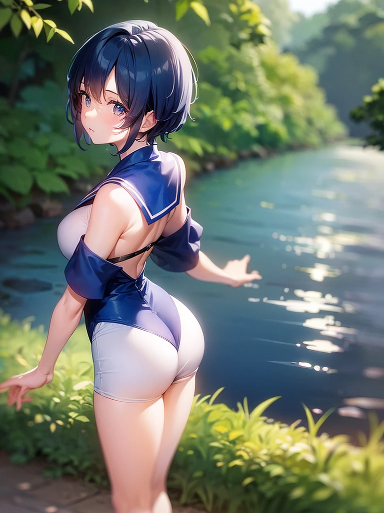 1girl、Sailor Mercury、Blue Hair、short hair、From the back、Beautiful breasts