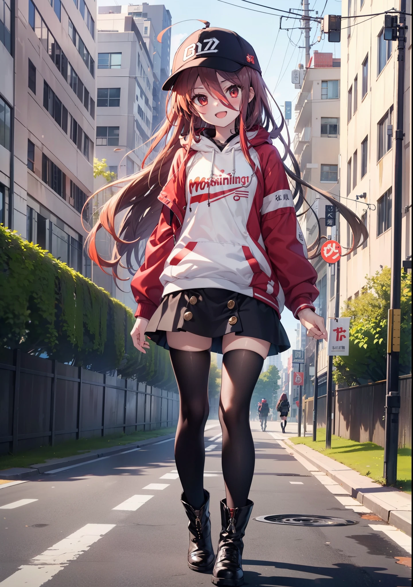Shana,灼眼のShana,Long Hair, Redhead, Red eyes,Ahoge,happy smile, smile, Open your mouth,Oversized red hoodie,Baseball hats,mini skirt,black tights,short boots,Walking,morning陽,morning,The sun is rising,whole bodyがイラストに入るように, break outdoors, Building district, break looking at viewer, whole body, break (masterpiece:1.2), Highest quality, High resolution, unity 8k wallpaper, (shape:0.8), (Beautiful attention to detail:1.6), Highly detailed face, Perfect lighting, Highly detailed CG, (Perfect hands, Perfect Anatomy),