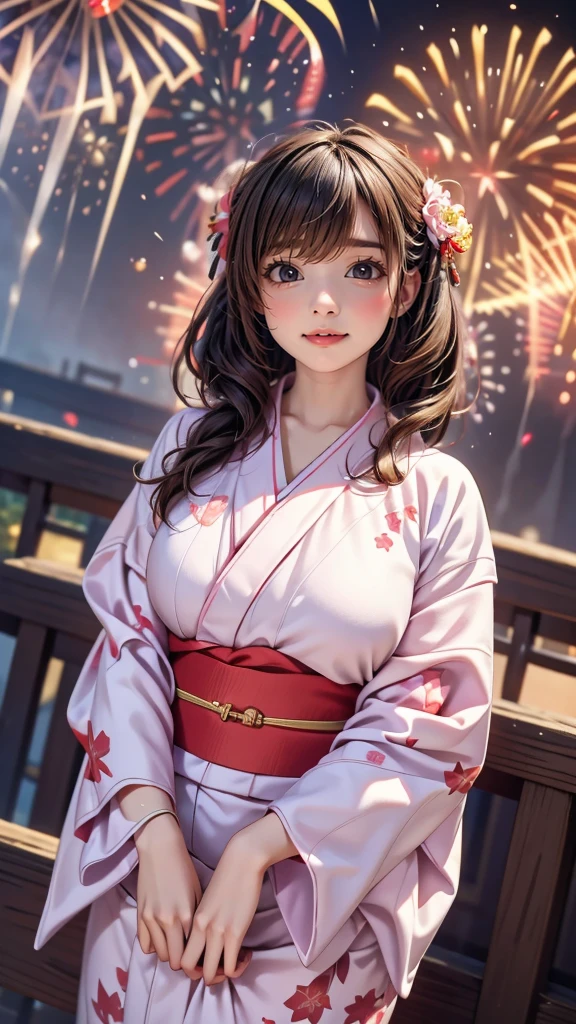 ((looking up at the fireworks:1.5)),((clothed:1.5),(japanese yukata:1.5)),(random hairstyle),(Thin type:1.5),(large breasts:1.5),(Highest image quality,(8K), Ultra-realistic, Best Quality, High quality, High Definition, high quality texture, high detailing, Beautiful detailed, fine detailed, extremely details CG, Detailed texture, realistic representation of face, masterpiece, presence)