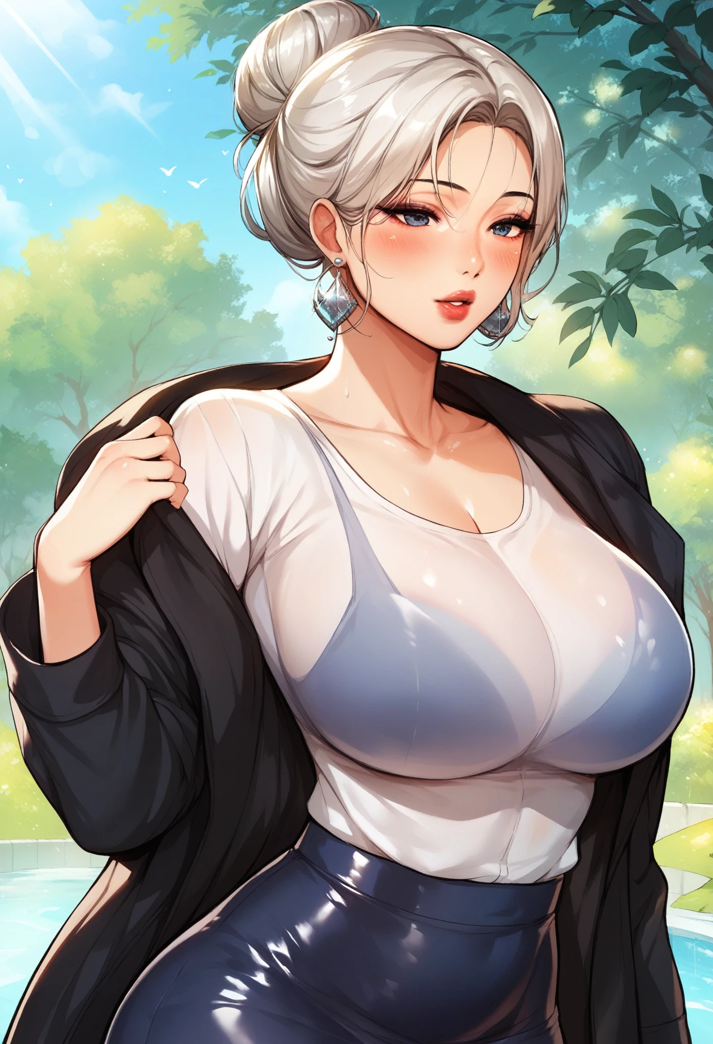 Hot sexy beautiful cute milf secretary,brown see through t shirt,black pencil skirt,coat, indian silver jhumka earrings,big breasts,  lipstick,makeup,white hair with blue shade,hair bun,two falling hair strands,blush,