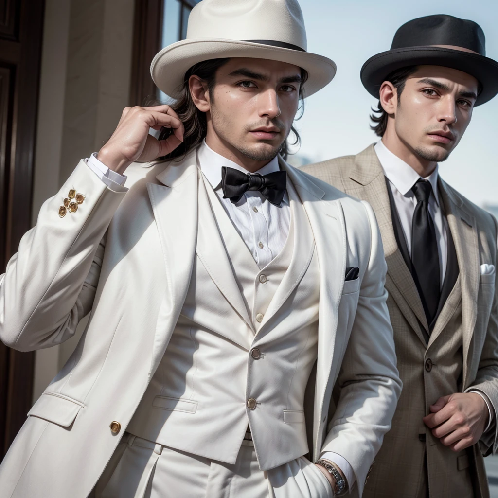 man ,mafia , high , muscular , colorado fur, elegant, Brown skin, snob, ignorant , arrogant  , Argentina Nationality, with white suit , White hat, with little beard 