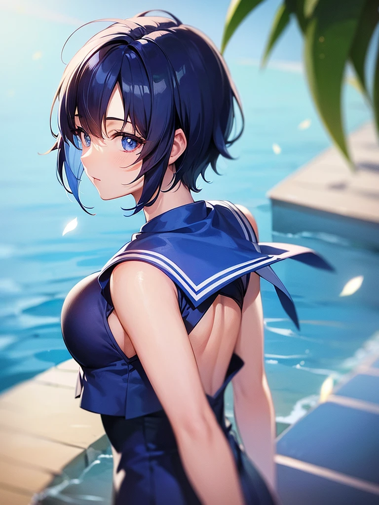 1girl、Sailor Mercury、Blue Hair、short hair、From the back、Beautiful breasts