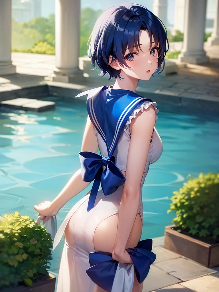 1girl、Sailor Mercury、Blue Hair、short hair、From the back、Beautiful breasts