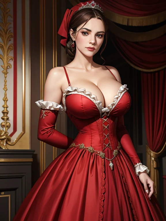 A woman in red Royal victorian era dress, red Royal victorian era ball gown, big breast, big cleavage in chest,