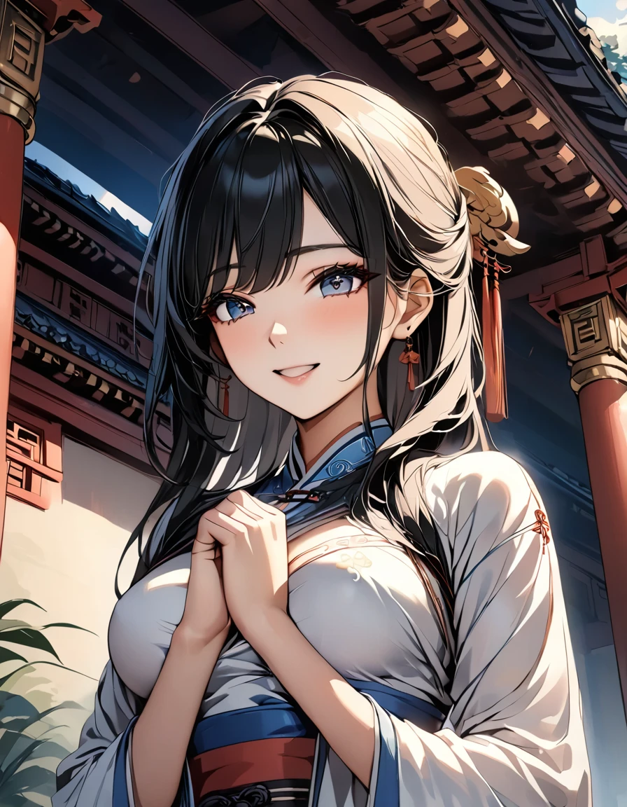 a beautiful young woman, 25 years old, wearing traditional Chinese clothing, standing in an old temple, her medium-length hair flowing, her eyes rendered in an anime style, happy, hands toghether, praying, her medium-sized breasts accentuated, captured from a low angle, (best quality, masterpiece, 4k, ultra-detailed), intricate details, vivid colors, dramatic lighting, cool angle, simple background, temple
