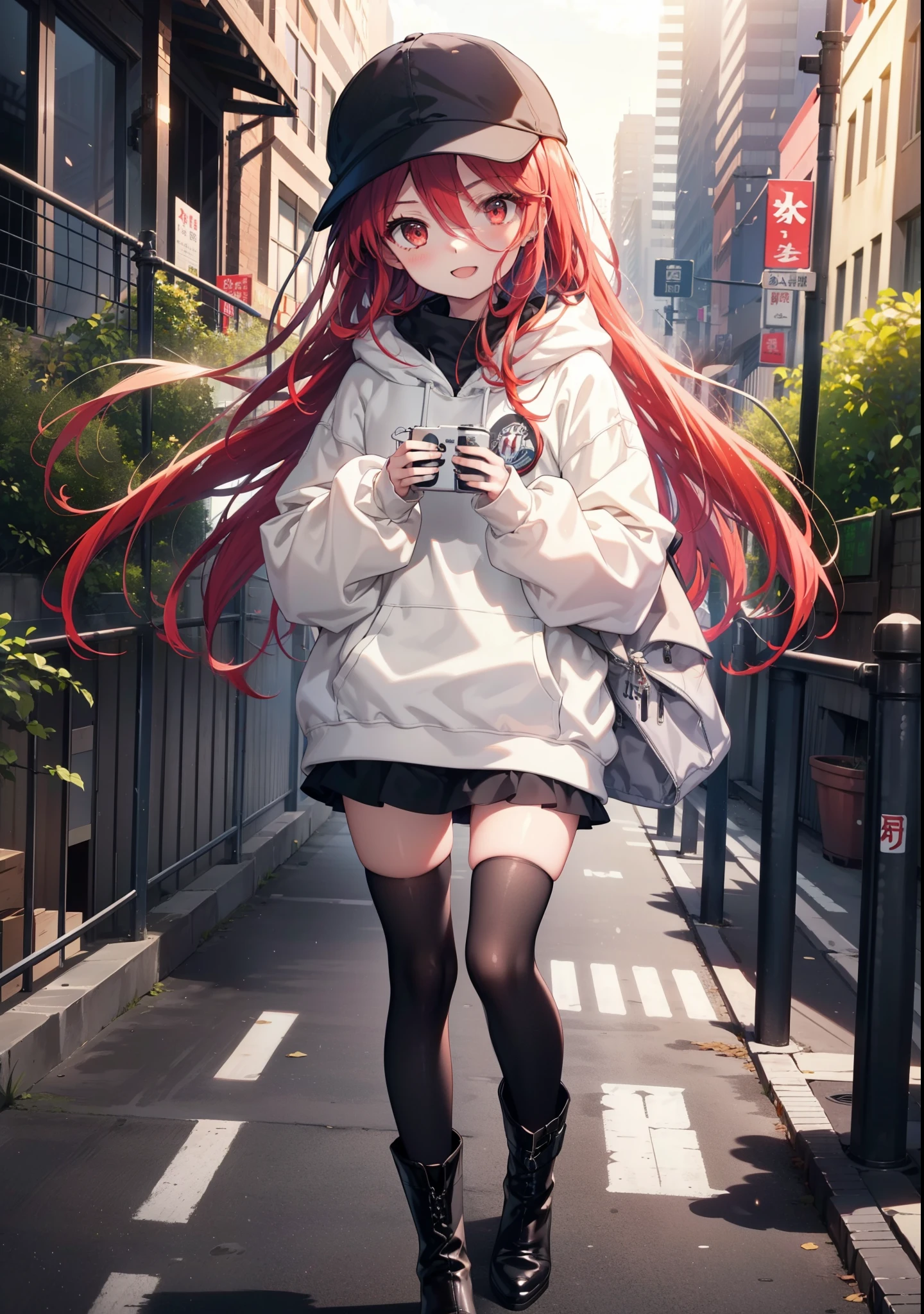 Shana,灼眼のShana,Long Hair, Redhead, Red eyes,happy smile, smile, Open your mouth,Oversized red hoodie,Baseball hats,mini skirt,black tights,short boots,Walking,morning陽,morning,The sun is rising,whole bodyがイラストに入るように, 　　　　　　　break outdoors, Building district, 　　　　　　　　　　　break looking at viewer, whole body, 　　　　　　　　break (masterpiece:1.2), Highest quality, High resolution, unity 8k wallpaper, (shape:0.8), (Beautiful attention to detail:1.6), Highly detailed face, Perfect lighting, Highly detailed CG, (Perfect hands, Perfect Anatomy),