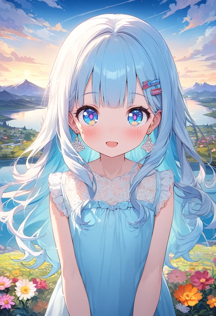 masterpiece, best quality, extremely detailed, (illustration, official art:1.1), 1 girl ,(((( light blue long hair)))), ,(((( light blue long hair)))),light blue hair, , long hair ((blush)) , cute face, big eyes, masterpiece, best quality,(((((a very delicate and beautiful girl))))),Amazing,beautiful detailed eyes,blunt bangs((((little delicate girl)))),tareme(true beautiful:1.2), sense of depth,dynamic angle,,,, affectionate smile, (true beautiful:1.2),,(tiny 1girl model:1.2),)(flat chest),absurderes, ultra-detailliert,bright colour, extremely beautiful detailed anime face and eyes, view straight on, ;D, ,Delicate beautiful face, red blush、Blue eyes,  hair clips, earrings, Beautiful skyline，magnificent sky，beautiful and delicate eyes，Cute Girly，Perfect slim body，shift dresses，Pure eyes，The skin is smooth like a baby，Stand on a high mountain and look at the sky，lakes，Colorful flowers and plants。
