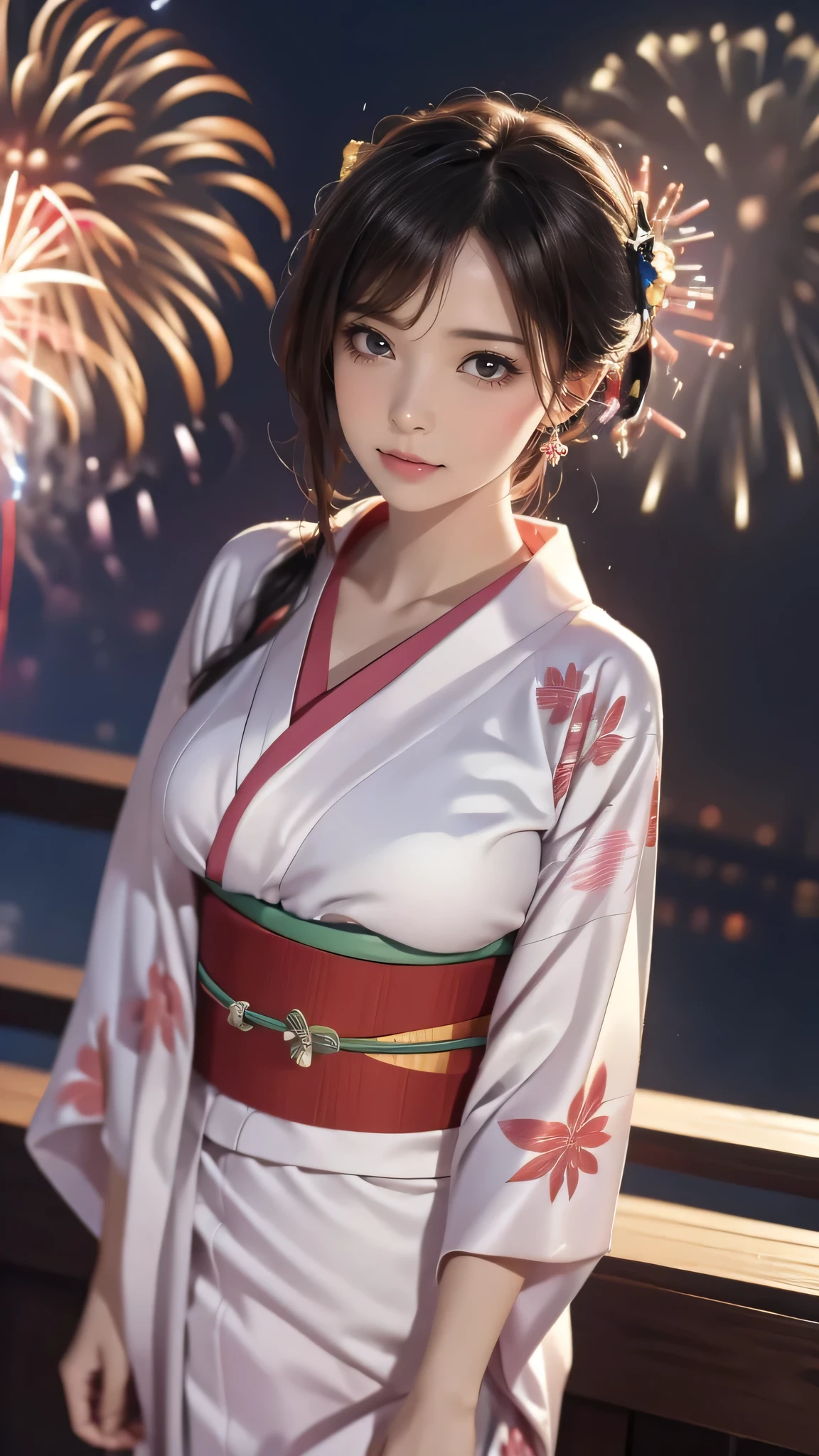 ((looking up at the fireworks:1.5)),((clothed:1.5),(japanese yukata:1.5)),(random hairstyle),(Thin type:1.5),(large breasts:1.5),(Highest image quality,(8K), Ultra-realistic, Best Quality, High quality, High Definition, high quality texture, high detailing, Beautiful detailed, fine detailed, extremely details CG, Detailed texture, realistic representation of face, masterpiece, presence)