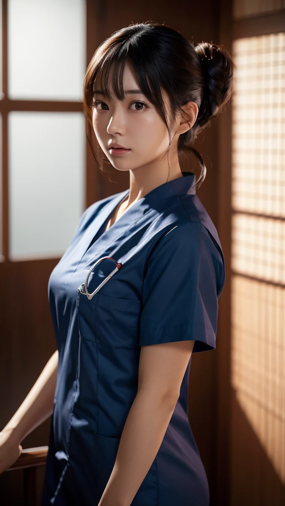 A beautiful young Japanese woman, around 20 years old, wearing a Nurses' Uniforms, ultra-detailed, 8K resolution, highly realistic, cinematic lighting, best quality, masterpiece, photorealistic, physically-based rendering, extremely detailed, vivid colors, professional, sharp focus, studio lighting