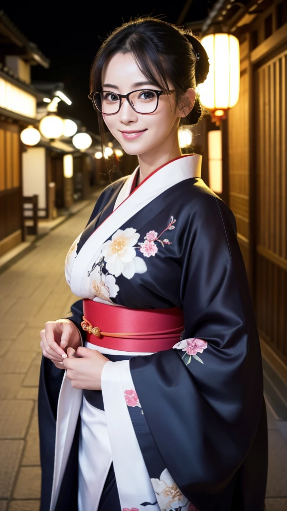(Super beautiful woman in kimono)、((highest quality、8K masterpiece:1.3))、sharp focus:1.2、(super beautiful face:1.0)、(shiny skin:1.0)、realistic pictures、black hair、video lighting、High resolution eyes and face、video lighting、japanese actress、from the front、big breasts、with a happy smile、Slender abs beauty、whole body、wearing a kimono、in Kyoto、(((luxury obi)))、In Kyoto at night、wearing glasses with no edge、with a fan