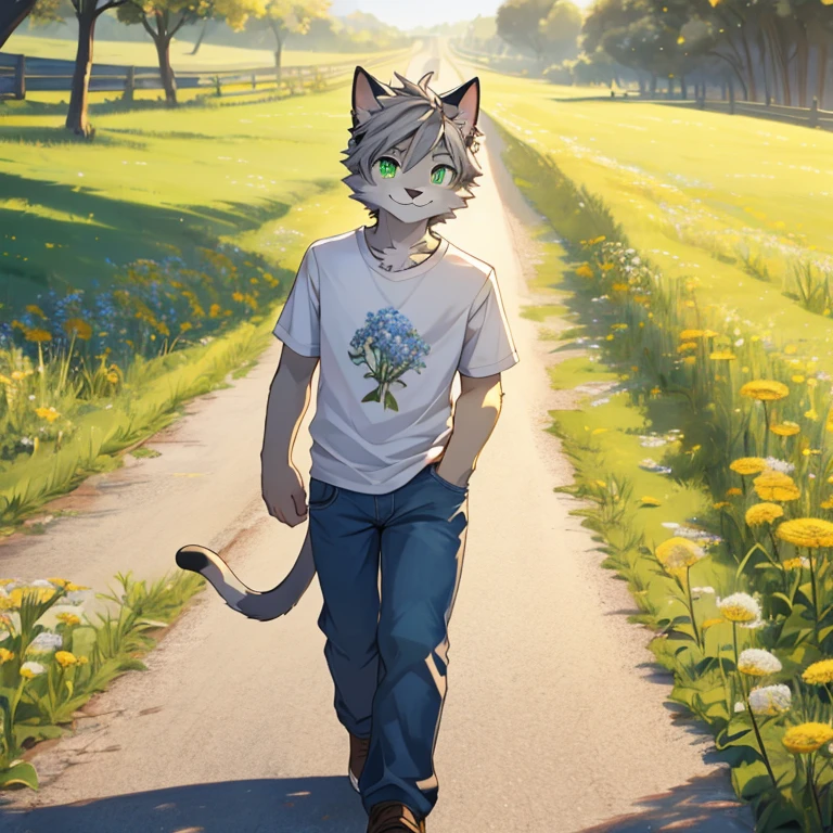 highest quality, (masterpiece), hd, 4k, 8K, One cat furry boy, solo, Cat ears, gray hair, short hair), wears white tshirt with farmer jeans, Green eyes,  beautiful eyes, depicted in detail, smile, Spring cheerfulness, Dandelions on the ground, on the road, walking, sunny day