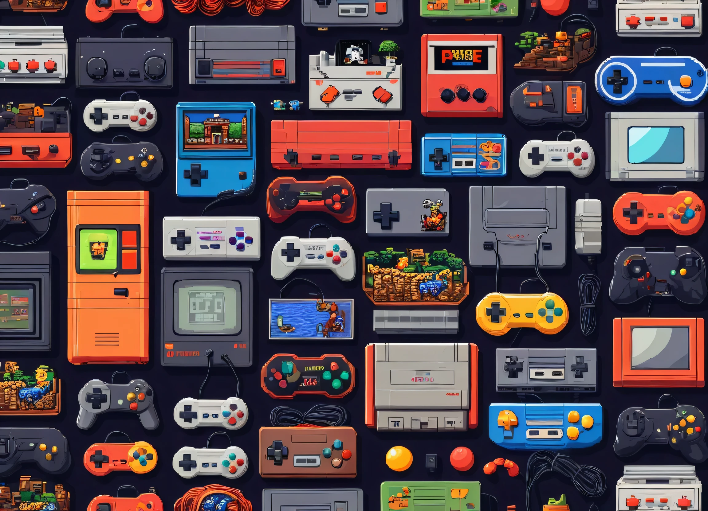 (best qualityer,high resolution), retro gaming, pixel art, swirly vibrant colors, nostalgic atmosphere, immersive gameplay, 8-bit graphics, classic controllers, arcade cabinets, Nostalgic soundtracks, vintage gaming experience, multiplayer fun, Side scrolling platform, high score competition, controles pixel-perfect, powers, Hidden Easter eggs, Sprites 2D, jogos old-school, controles de joystick, pixelated characters, retro-inspired level design, 8-bit sound effects, classic game console, iconic game cartridges, 80s gaming culture, pixel art animations, old gaming magazines, coleção de retro gaming, tela game over, Nostalgic gaming memories, Estética de retro gaming, 16-bit era, speedruns de retro gaming, entusiastas de retro gaming, console virtual, streaming de retro gaming, retro game emulator, save game feature, desafios de retro gaming, homage to the retro game
