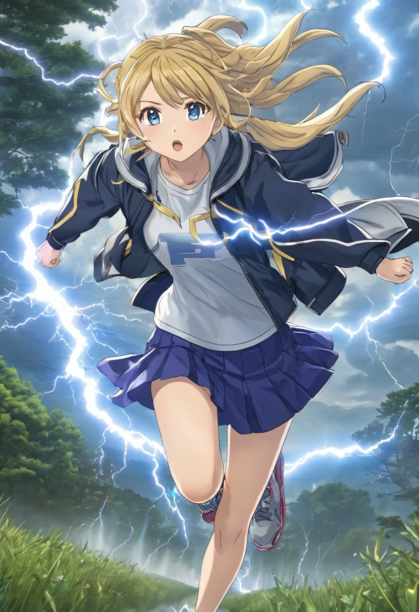 Light blue long hair、Twin-tailed Girl, Flowing hair and a stern face, Running through the forest、A white Western-style castle in the background、Splash Art、lightningに逃げ回る動物達、She is wearing an oversized jacket, Casual T-shirts, and short skirt, Complement with sneakers. 空からはlightning、 A flash of light runs、Face Highlights、The girl is depicted in an action pose, Release your energy and sense of adventure, A gentle breeze blows through her hair. anime girl in a field with lightning in the sky, goddess of lightning, splashes of lightning behind her, with lightning, detailed lighting and thunder, she is attracting lightnings, lightning fantasy magic, japanese lightning goddess, anime lighting, Detailed digital anime art, lightning, volumetric lightning, lightning!!, with lightning bolts, epic lightning, Anime Epic Artwork