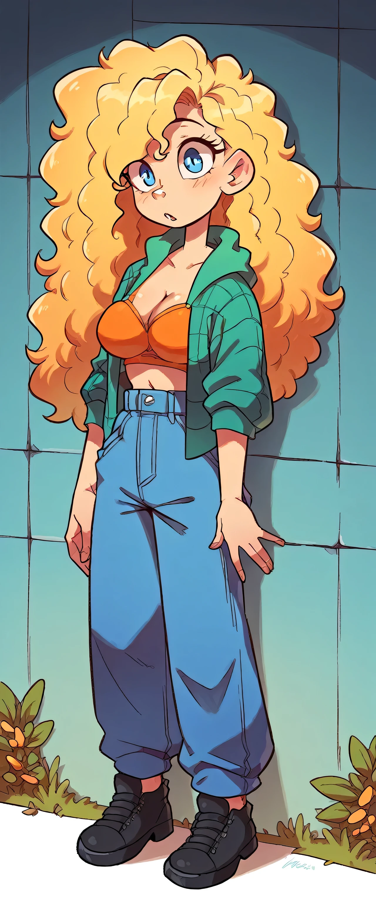  a cute  girl beautiful big breast long curly yellow hair mencho in front her blue eye dresses top orange bra underneath long green sweatshirt and blue pants black shoe