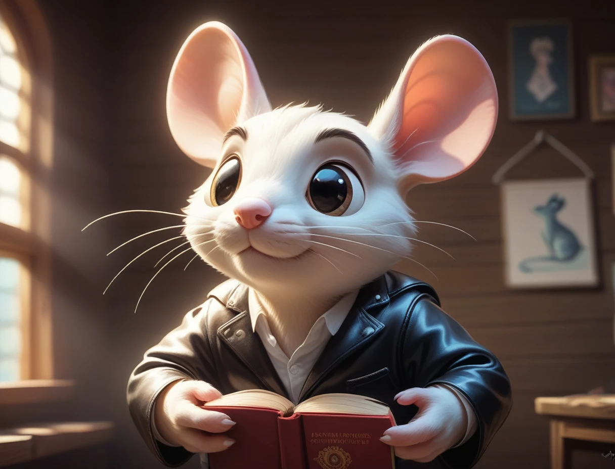 A hyperrealistic close-up of Theo the little white male mouse peeking over a large, leather-bound book in a cozy bookstore. he is wearing clothes. Sunlight streams through a window, illuminating swirling dust motes. 8k, 3d like, animation style, cute and adorable, cinematic. bookstore background