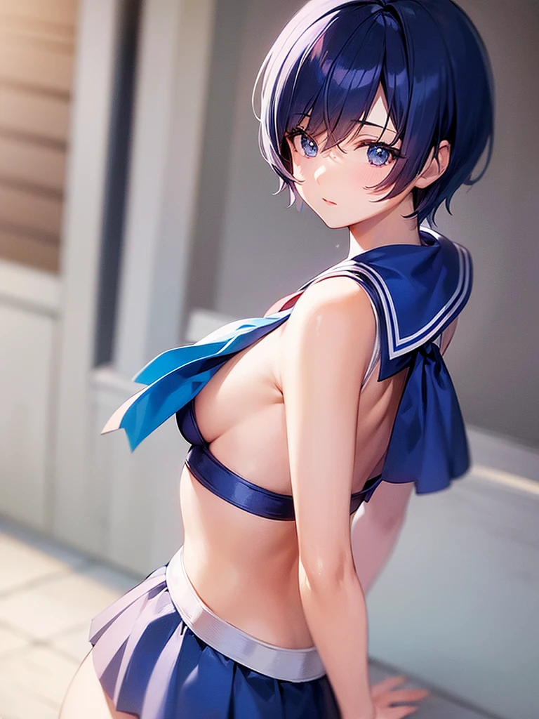 1girl、Sailor Mercury、Blue Hair、short hair、From the back、Beautiful breasts