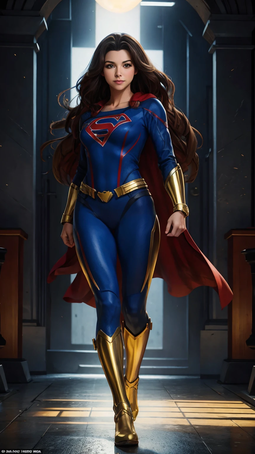 ((Full body photo, standing, feet on the ground)) Anita Gucciardi, 29 years old, as supergirl-Hero, in bodysuit with shiny blue pants, golden belt, golden gauntlets, golden tiara, golden bracelets, strong facial expression, woman determined, look at the camera, blue eyes, black hair, hair with long braids, long hair, boots in Zuis, curvaceous athletic body, defined musculature, defined buttocks, thick and muscular thighs, seen from the front, full body perspective, architecture Greek classical, rays of light
