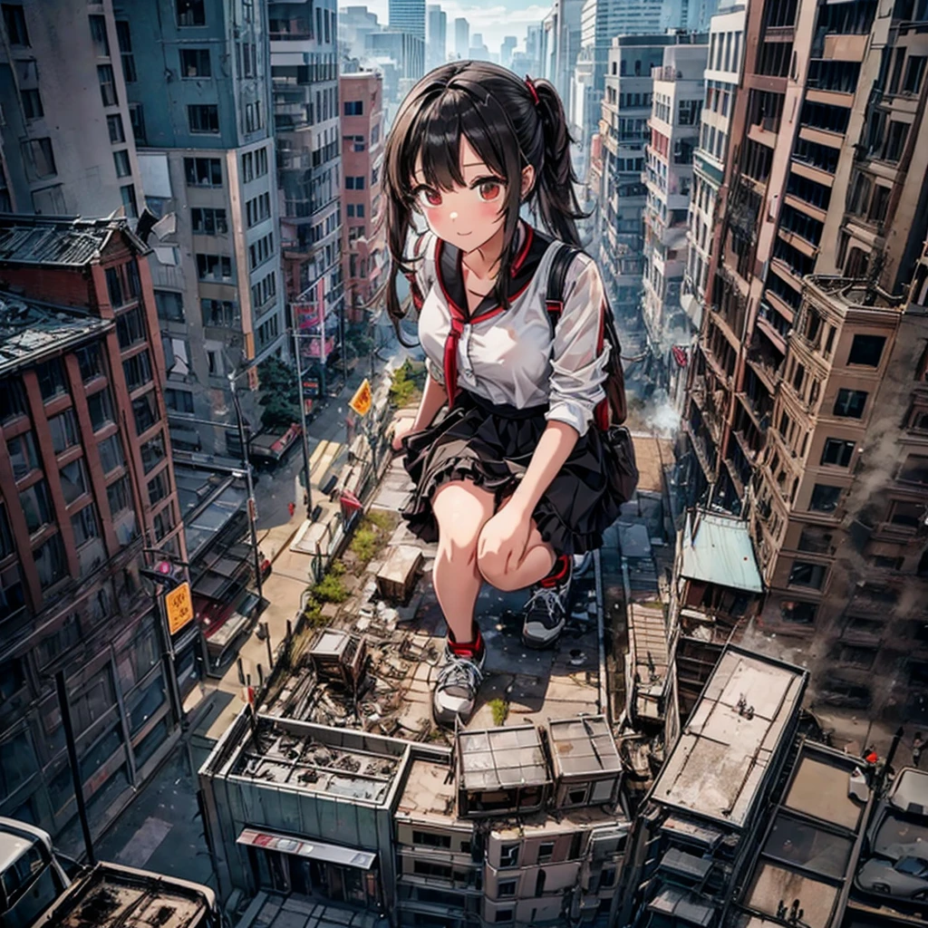Top view Burning and destroyed city ruins Rubble pile Giant Girl Black Hair skirt sneakers beautiful girl Metropolis