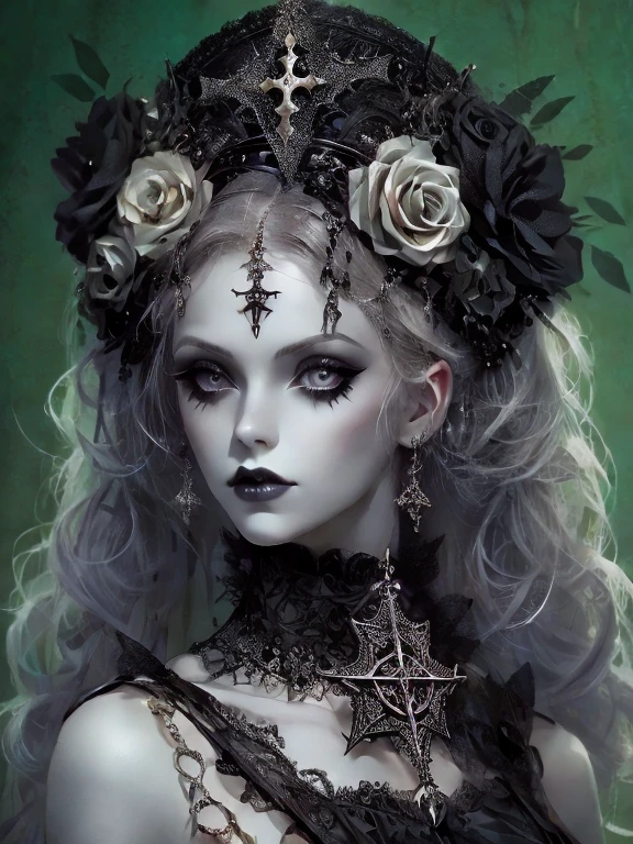 Highest quality，masterpiece：1.2，Detailed details，1 goth girl，black victorian dress，Beautiful headdress，bust，Rose，Crosses，silver jewelry 、redhead、blonde hair with Victorian updo 、pale skin、Black lipstick and eye shadow，Accessories include the cross medal，pentagram，Crosses，Coats，scarf，sexly，chies，a burning candle, full body picture