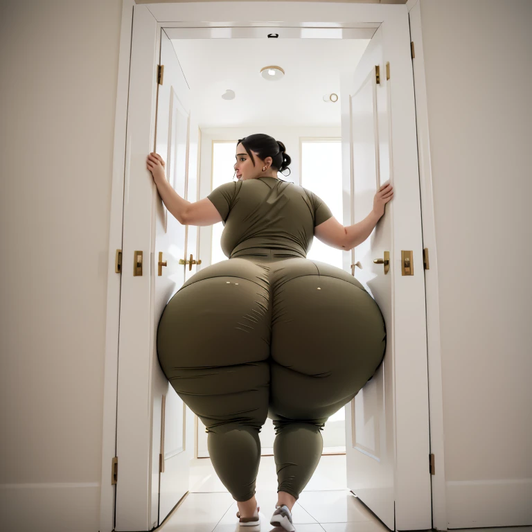 masterpiece, 1girl behind a doorway, from behind, (doorstuck, stuckback:1.3), ssbbw ,huge wide hips, round belly, thick thighs, giant butt,colorful clothing, wearing a olive green dress and formal pants, upset, desperately trying to wiggle through, she tries to free herself but she won't budge, she is stuck tight view from behind, she is too wide, the doorway is quite narrow too, she kicks her legs furiously, trying to wiggle her hips through the small door, but its no good, the door is too small, she keeps trying to squeeze through with frustration, she is stuck too tight