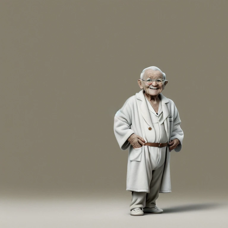 ((Plain white background))、(White-walled studio)、（Whole body photo）、A very lively old man、90 years old、100 years old、Slender body、（Naked in a white bathrobe）、With a smile、（I&#39;m roller skating）、A lively grandpa、whole body、Canon 5D Mark II, movie, Professional photos, (Rich colors:1.1), ultra-realistic, Realistic texture, (Natural light:1.1), (Canon EF35mmf/1.4L IS USM), Planar lighting, (Very detailed顔:1.4),  (masterpiece, Highest quality, Official Art, Very detailed CG Unity 8k wallpaper), Very detailed), Studio portrait quality、