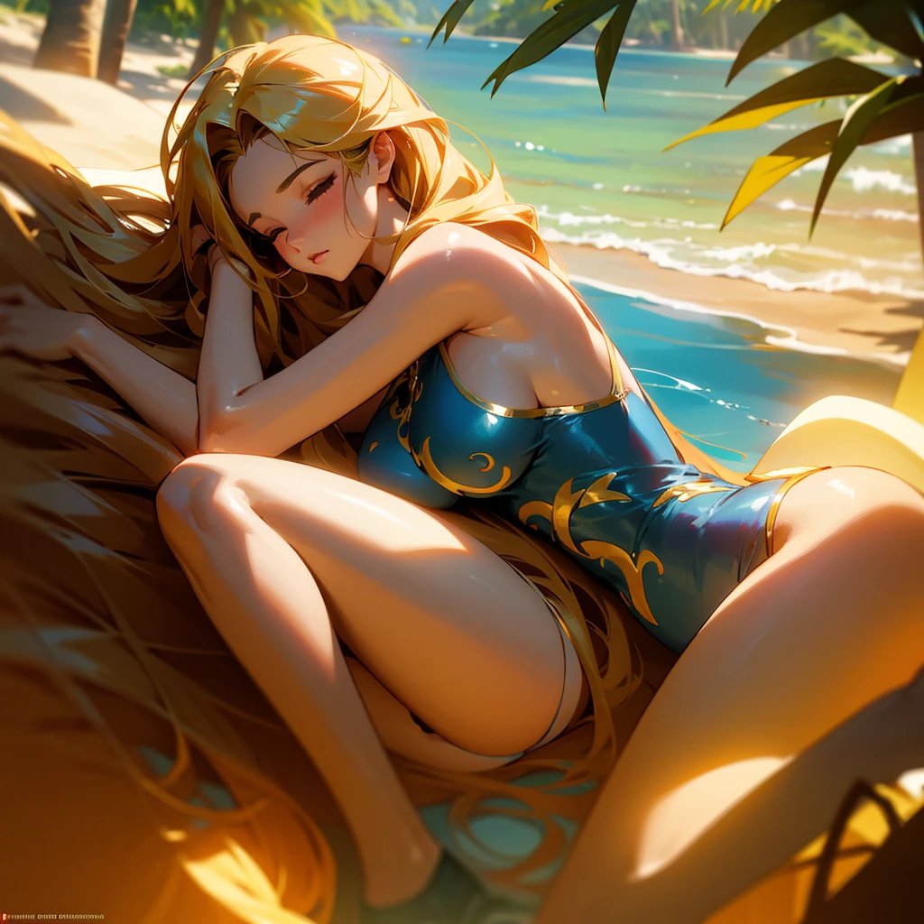 a beautiful woman lying asleep in a sexy, skimpy swimsuit, long flowing hair, detailed facial features, serene expression, soft skin, golden sun lighting, lush tropical background, photorealistic, cinematic lighting, dramatic shadows, high quality, 8k, intricate details,Big breasts and hugging a teddy 