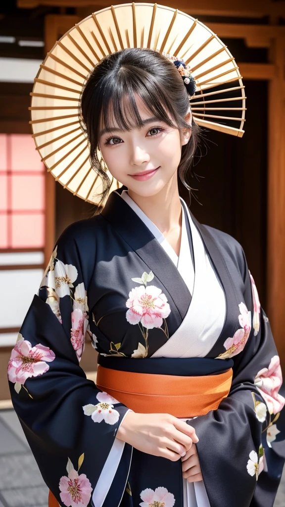 (Super beautiful woman in kimono)、((highest quality、8K masterpiece:1.3))、sharp focus:1.2、(super beautiful face:1.0)、(shiny skin:1.0)、realistic pictures、black hair、video lighting、High resolution eyes and face、video lighting、japanese actress、from the front、with a happy smile、whole body、wearing a kimono、in Kyoto、(luxury obi)、with a fan
