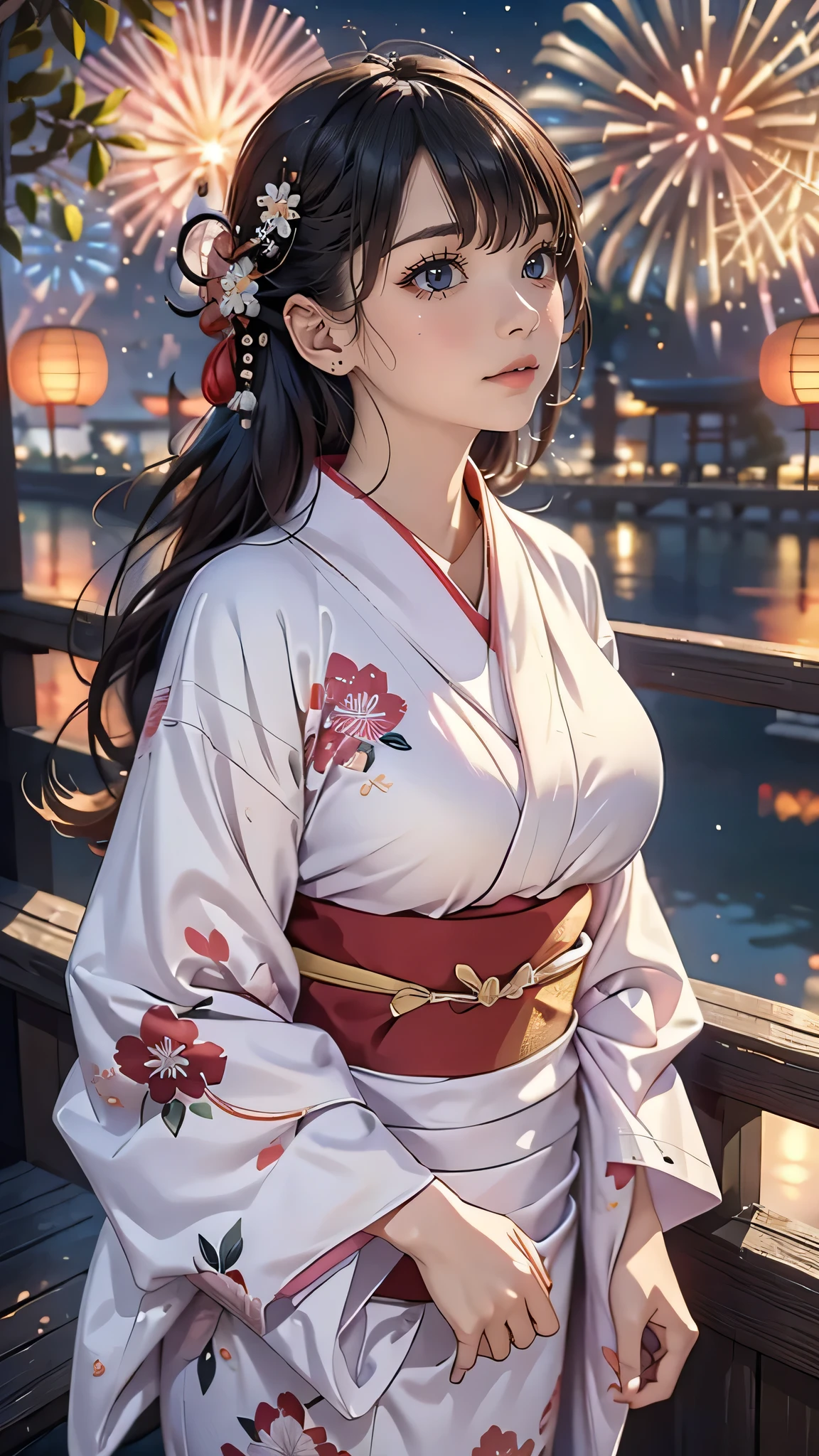 ((looking up at the fireworks:1.5)),((clothed:1.5),(japanese yukata:1.5)),(random hairstyle),(Thin type:1.5),(large breasts:1.5),(Highest image quality,(8K), Ultra-realistic, Best Quality, High quality, High Definition, high quality texture, high detailing, Beautiful detailed, fine detailed, extremely details CG, Detailed texture, realistic representation of face, masterpiece, presence)