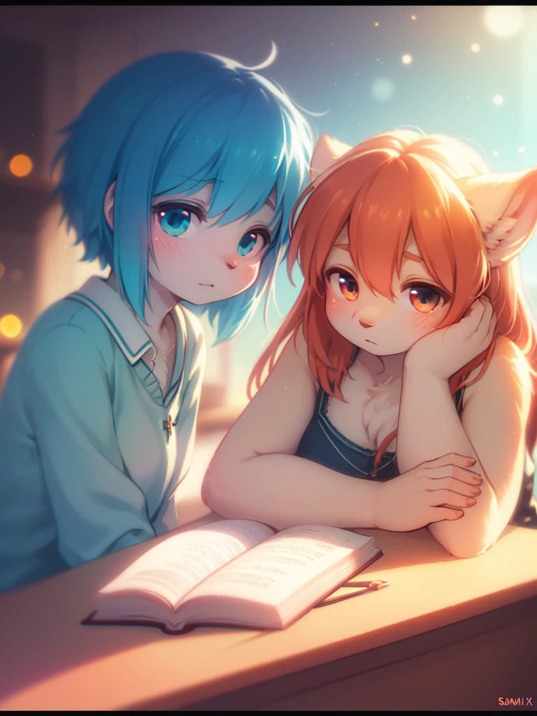 (Sumilux f1.4 50mm , low Latitude old color negative film , cross process , bokeh, flare, chromatic aberration , soft focus, (Shallow focus) , soft glow , Maximum aperture, High Key , Transparent depiction) , A female student rests her upper body on a desk