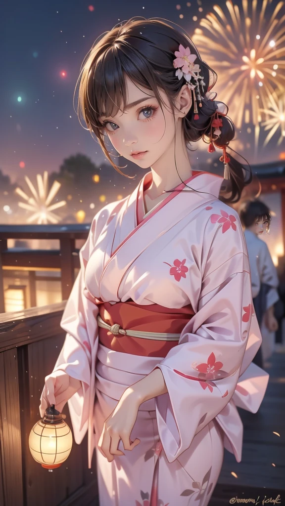 ((looking up at the fireworks:1.5)),((clothed:1.5),(japanese yukata:1.5)),(random hairstyle),(Thin type:1.5),(large breasts:1.5),(Highest image quality,(8K), Ultra-realistic, Best Quality, High quality, High Definition, high quality texture, high detailing, Beautiful detailed, fine detailed, extremely details CG, Detailed texture, realistic representation of face, masterpiece, presence)