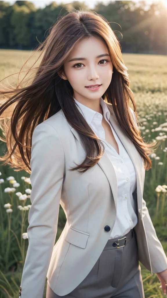 highest quality、genuine、Super detailed、finely、High resolution、8k wallpaper、one beautiful woman、、、light brown disheveled hair、wearing a business suit、sharp focus、perfect dynamic composition、beautiful and detailed eyes、thin hair、Detailed genuine skin texture、smile、model body shape、In a windswept meadow