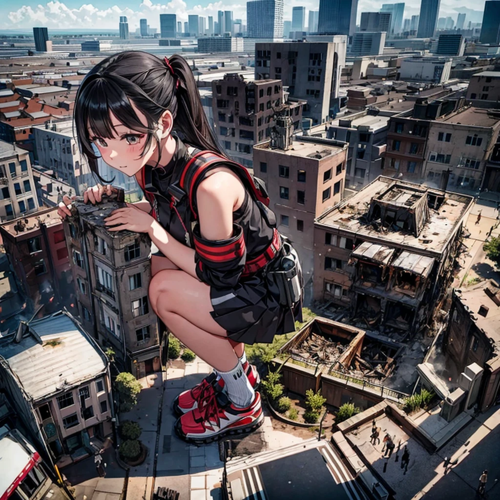 Top view Burning and destroyed city ruins Rubble pile Giant Girl Black Hair skirt sneakers beautiful girl Metropolis