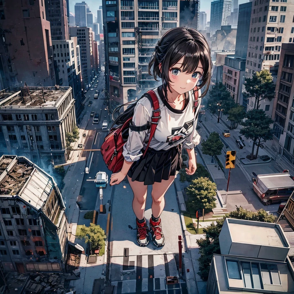 Top view Burning and destroyed city ruins Rubble pile Giant Girl Black Hair skirt sneakers beautiful girl Metropolis