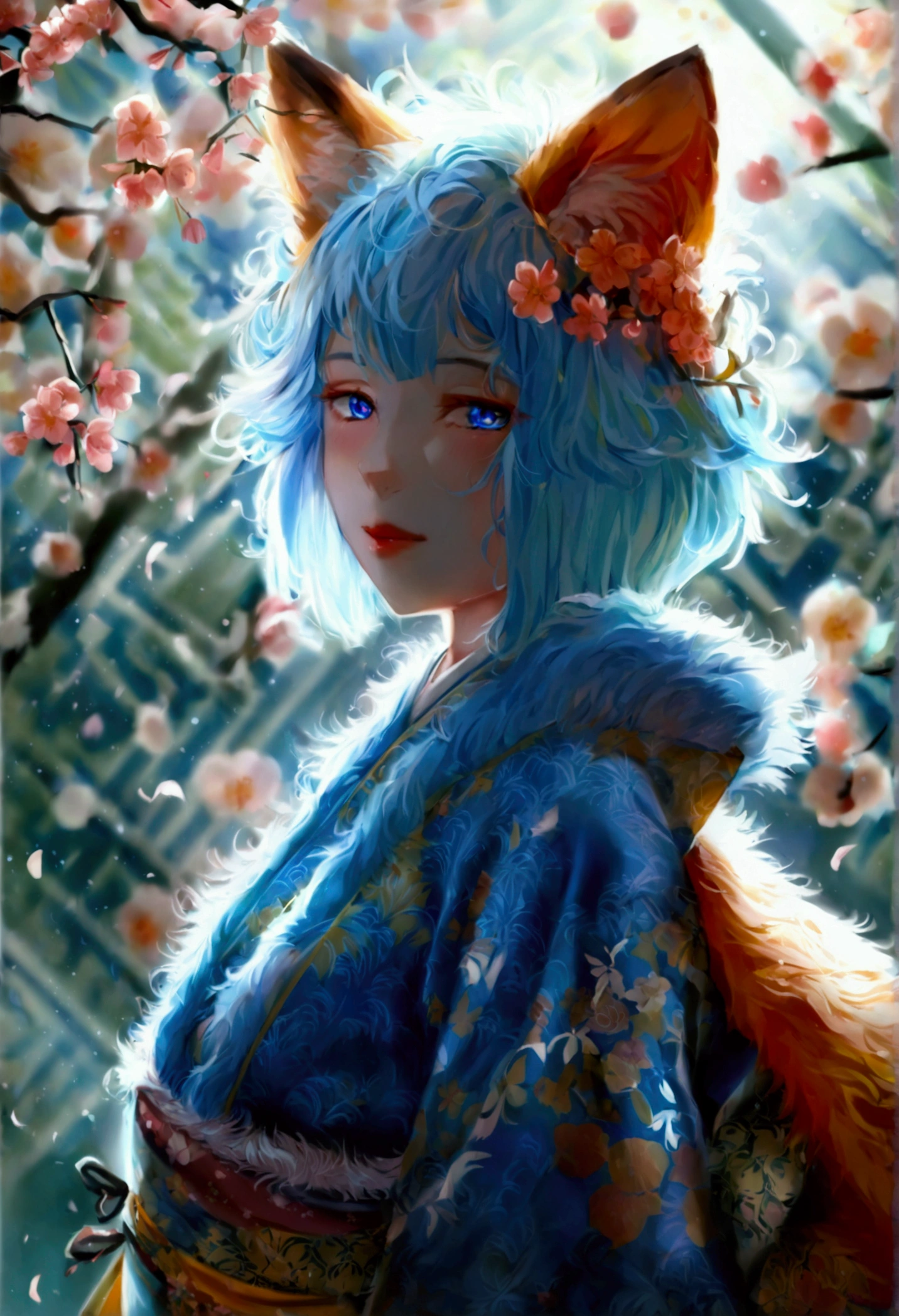 womanfox Light blue hair 　beast girl　indigo fur　fox beast girl　fox Light blue hair 　beast girl　indigo fur　fox beast girl　Wallpaper 4k,8k,highly detailled,,vivid colors,detailed kitsune with 9 tails,traditional Japanese artwork,tatami floor,beautiful cherry blossoms,floating lanterns,dark silhouette of a pagoda,subtle moonlight,dense forest,ethereal atmosphere,dappled sunlight,whimsical spirit,serene expression,elaborate kimono and obi,delicate hand-painted details,luminous eyes　Anime Style　fox　blue　White-faced golden-haired nine-tailed fox　Coat blue　woman　fox Light blue hair 　beast girl　indigo fur　fox beast girl　Anime Style　fox　blue　White-faced golden-haired nine-tailed fox　Coat blue　woman　　mysterious background　Blue Flame　girl　have a ball of light　fox Light blue hair 　beast girl　indigo fur　fox beast girl　mysterious background　Blue Flame　girl　have a ball of light Anime Style　fox　blue　White-faced golden-haired nine-tailed fox　Coat blue　　　mysterious background　Blue Flame　girl　have a ball of light　woman