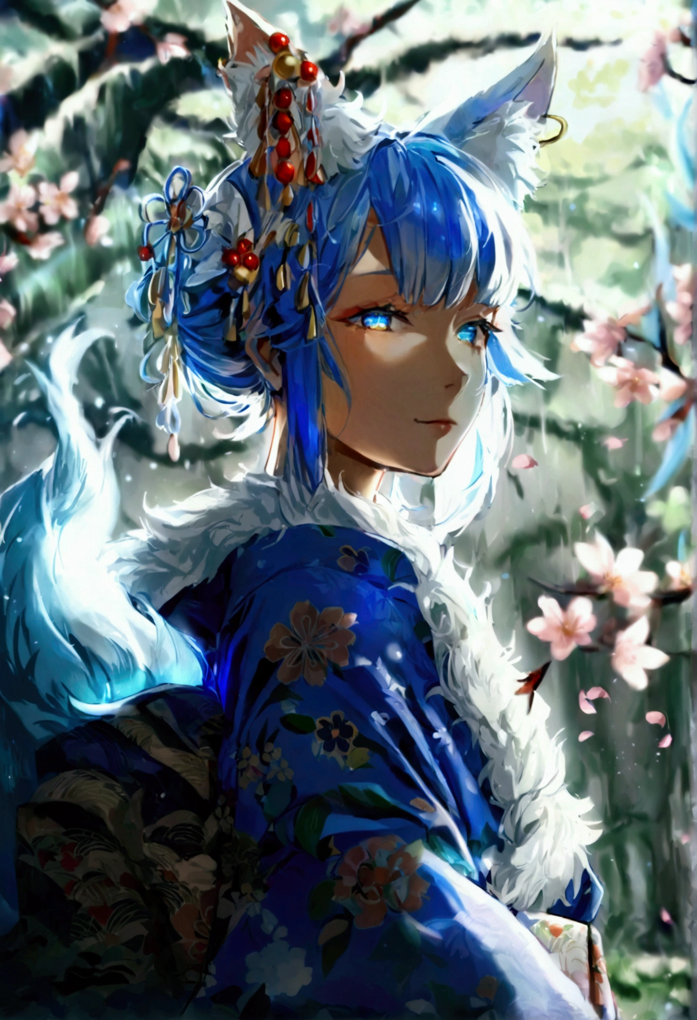 womanfox Light blue hair 　beast girl　indigo fur　fox beast girl　fox Light blue hair 　beast girl　indigo fur　fox beast girl　Wallpaper 4k,8k,highly detailled,,vivid colors,detailed kitsune with 9 tails,traditional Japanese artwork,tatami floor,beautiful cherry blossoms,floating lanterns,dark silhouette of a pagoda,subtle moonlight,dense forest,ethereal atmosphere,dappled sunlight,whimsical spirit,serene expression,elaborate kimono and obi,delicate hand-painted details,luminous eyes　Anime Style　fox　blue　White-faced golden-haired nine-tailed fox　Coat blue　woman　fox Light blue hair 　beast girl　indigo fur　fox beast girl　Anime Style　fox　blue　White-faced golden-haired nine-tailed fox　Coat blue　woman　　mysterious background　Blue Flame　girl　have a ball of light　fox Light blue hair 　beast girl　indigo fur　fox beast girl　mysterious background　Blue Flame　girl　have a ball of light Anime Style　fox　blue　White-faced golden-haired nine-tailed fox　Coat blue　　　mysterious background　Blue Flame　girl　have a ball of light　woman