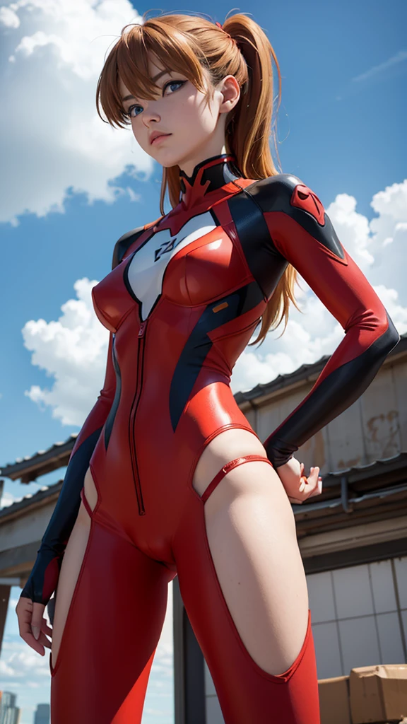 Asuka Langley Soryu, neon genesis evangelion anime, sexy girl, nacionalidad alemana, poderosa, classic red costume, YOUNG, skynny body, small and beautiful buttocks, toned abdomen, small and beautiful breasts, obscene, sensual, malevolent, Eva 03 color rojo en el fondo, edificios in the background, dramatic background, nubes, ciudad de Tokyo 3, pose de batalla, el cielo esta resplandeciente, el sol ilumina su belleza, sensual look, cuerpo completo, beautiful blue eyes, classic hairstyle,Hair dyed in bright red color, best quality,4k,8k,A high resolution,masterpiece,ultra detailed,Realistic, Photorealistic,photo realistic
