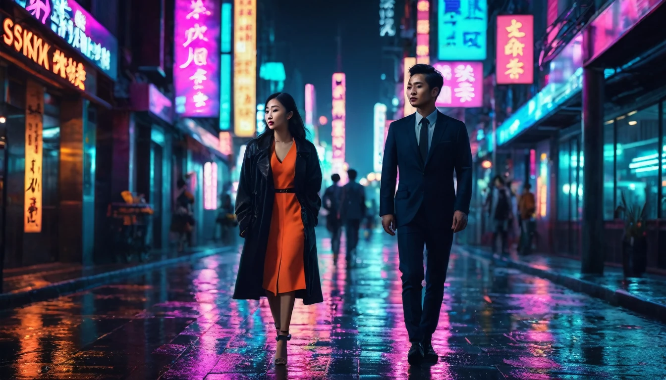 a beautiful asian woman and man walking at night in a city, detailed facial features, elegant pose, cinematic lighting, moody atmosphere, vibrant colors, photorealistic, (best quality,8k,highres,masterpiece:1.2),ultra-detailed,(realistic,photorealistic,photo-realistic:1.37),cinematic lighting,dramatic shadows,neon lights,reflections,wet pavement,skyscrapers in background,moody atmosphere,vibrant neon colors,cinematic framing