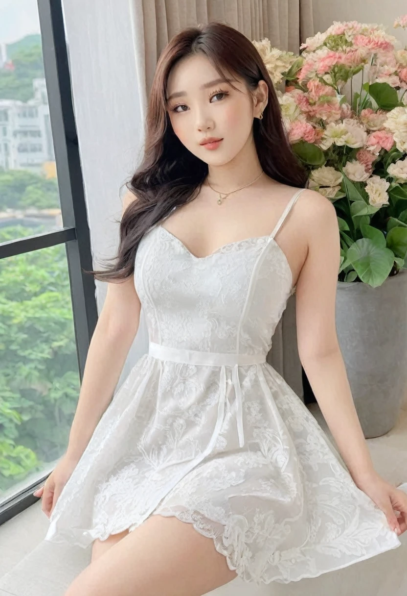 ((Best high quality:1.2)), (8k), extremely detailed, ((High detail:1.2)), (HotLexi woman), Solo, Korean Ulzzang female with 24 years old, (tight and short dress),
