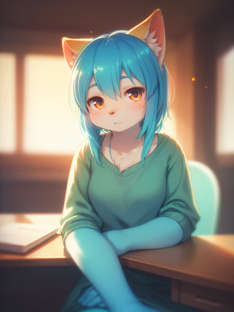 (Sumilux f1.4 50mm , low Latitude old color negative film , cross process , bokeh, flare, chromatic aberration , soft focus, (Shallow focus) , soft glow , Maximum aperture, High Key , Transparent depiction)  , A female student rests her upper body on a desk