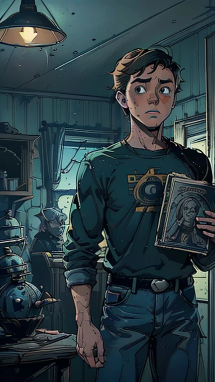 (European: Teens: Tintin: 1male,peter parker,black eyes), (extremely detailed CG unit 8k wallpaper),(master part), (best quality), (ultra detail), (best illustration), (cinematic lighting), cowboy shot, (Sharp eyeliner, detailed eyes:1), indoors background, ,break , (reelunsettling), ,short hair , black hair,black t-shirt, dark blue denim jeans