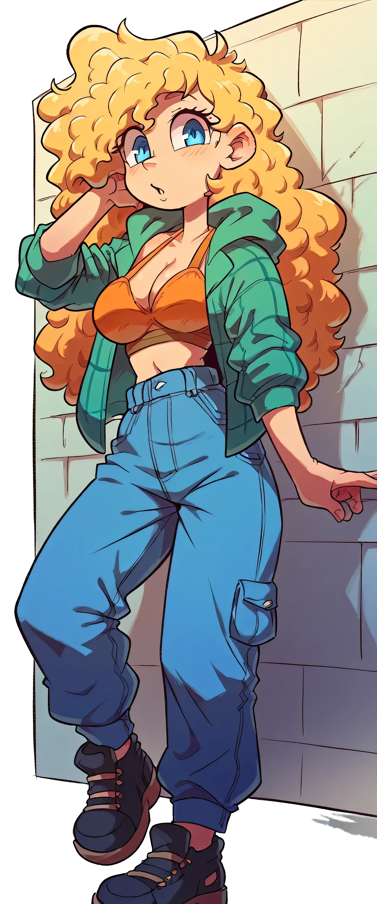 a cute girl beautiful big breast long curly yellow hair mencho in front her blue eye dresses top orange bra underneath long green sweatshirt and blue pants black shoe
