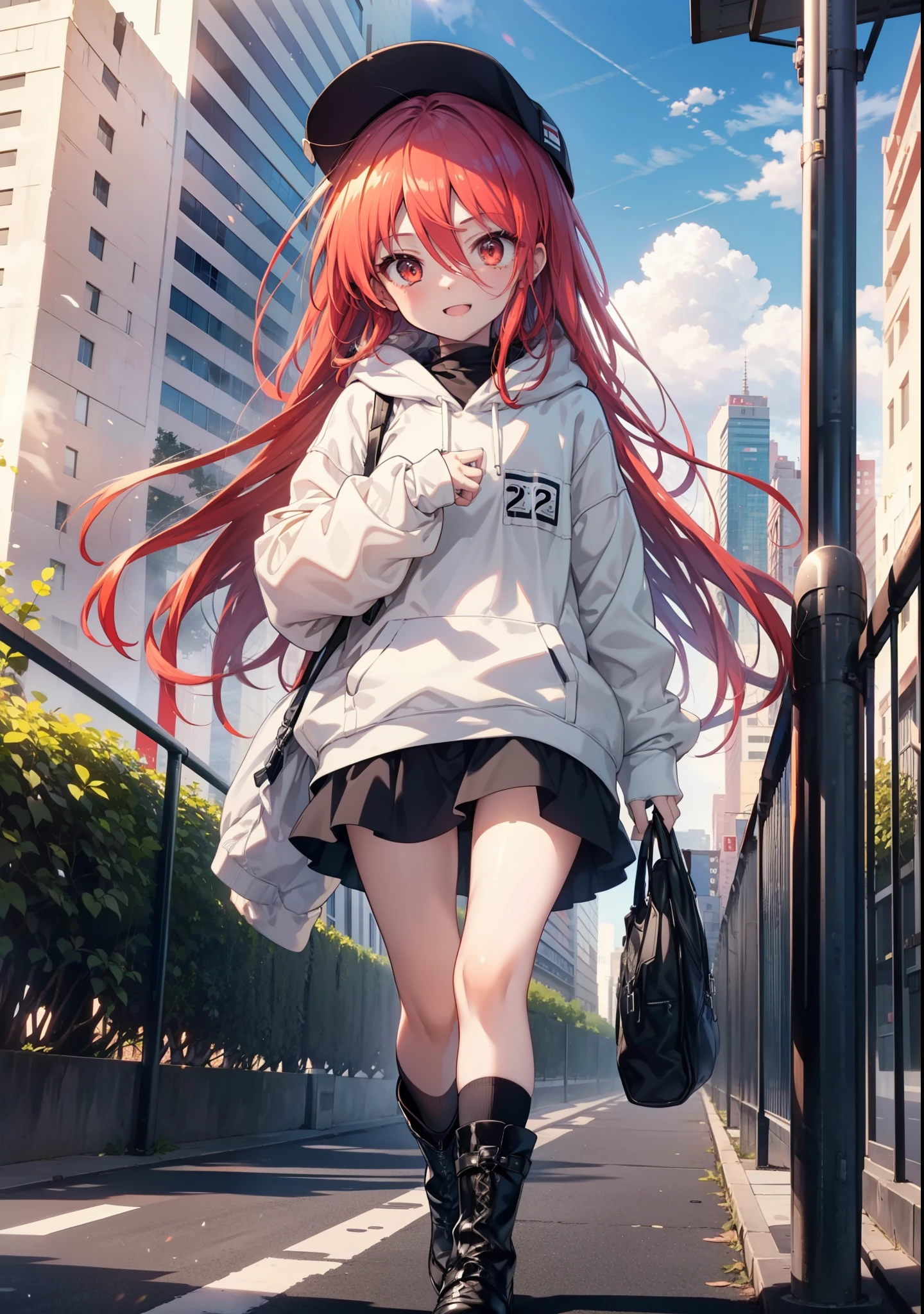 Shana,灼眼のShana,Long Hair, Redhead, Red eyes,happy smile, smile, Open your mouth,Oversized red hoodie,Baseball hats,mini skirt,black tights,short boots,Walking,morning陽,morning,The sun is rising,whole bodyがイラストに入るように, 　　　　　　　break outdoors, Building district, 　　　　　　　　　　　break looking at viewer, whole body, 　　　　　　　　break (masterpiece:1.2), Highest quality, High resolution, unity 8k wallpaper, (shape:0.8), (Beautiful attention to detail:1.6), Highly detailed face, Perfect lighting, Highly detailed CG, (Perfect hands, Perfect Anatomy),