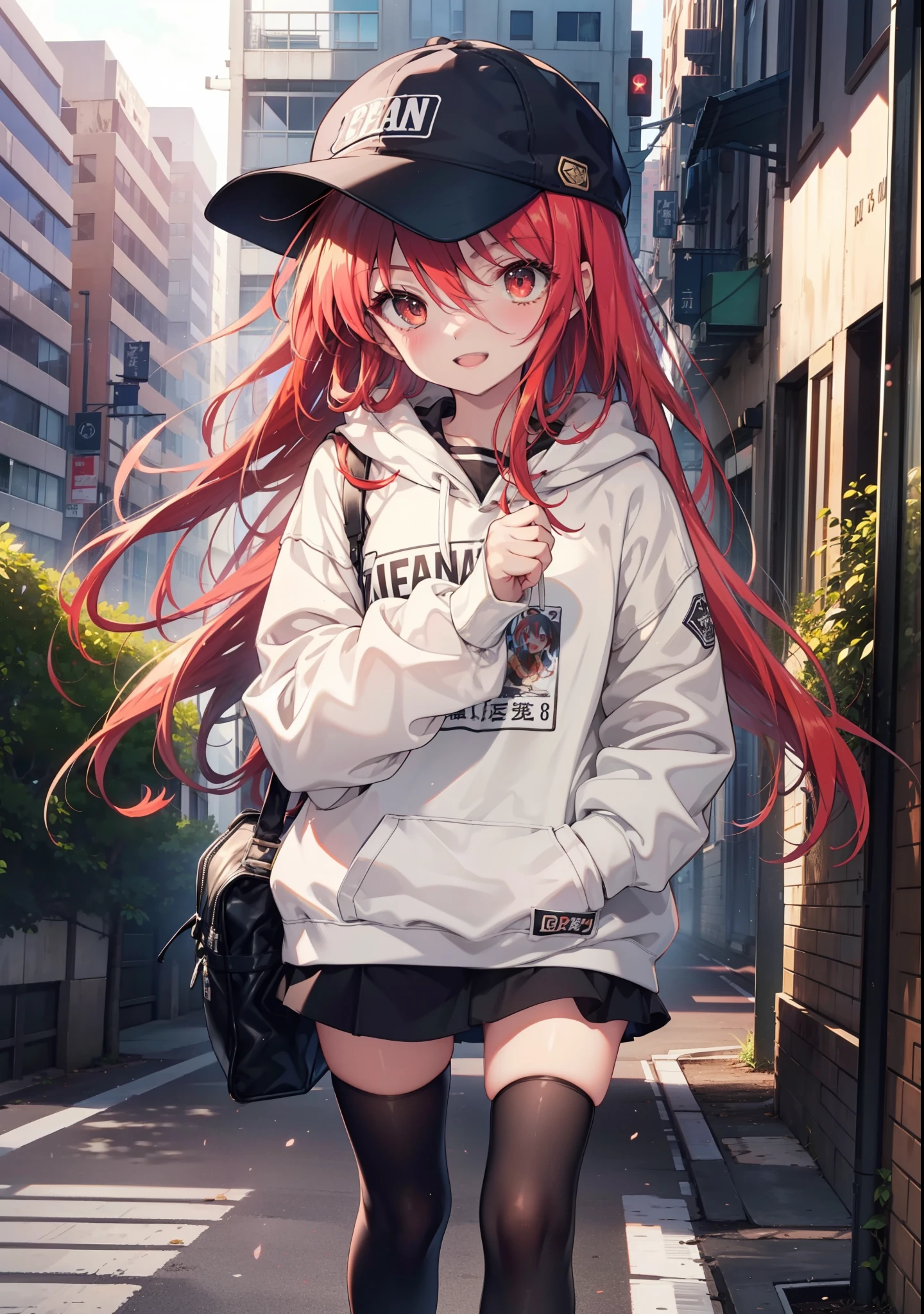 Shana,灼眼のShana,Long Hair, Redhead, Red eyes,happy smile, smile, Open your mouth,Oversized red hoodie,Baseball hats,mini skirt,black tights,short boots,Walking,morning陽,morning,The sun is rising,whole bodyがイラストに入るように, break outdoors, Building district, break looking at viewer, whole body, break (masterpiece:1.2), Highest quality, High resolution, unity 8k wallpaper, (shape:0.8), (Beautiful attention to detail:1.6), Highly detailed face, Perfect lighting, Highly detailed CG, (Perfect hands, Perfect Anatomy),