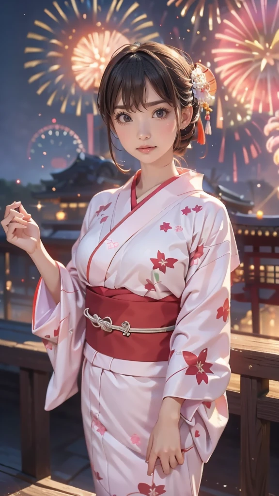 ((looking up at the fireworks:1.5)),((clothed:1.5),(japanese yukata:1.5)),(random hairstyle),(Thin type:1.5),(large breasts:1.5),(Highest image quality,(8K), Ultra-realistic, Best Quality, High quality, High Definition, high quality texture, high detailing, Beautiful detailed, fine detailed, extremely details CG, Detailed texture, realistic representation of face, masterpiece, presence)
