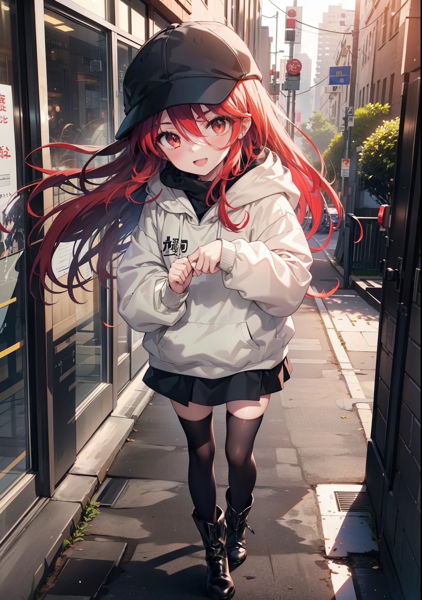 Shana,灼眼のShana,Long Hair, Redhead, Red eyes,happy smile, smile, Open your mouth,Oversized red hoodie,Baseball hats,mini skirt,black tights,short boots,Walking,morning陽,morning,The sun is rising,whole bodyがイラストに入るように, 　　　　　　　break outdoors, Building district, 　　　　　　　　　　　break looking at viewer, whole body, 　　　　　　　　break (masterpiece:1.2), Highest quality, High resolution, unity 8k wallpaper, (shape:0.8), (Beautiful attention to detail:1.6), Highly detailed face, Perfect lighting, Highly detailed CG, (Perfect hands, Perfect Anatomy),