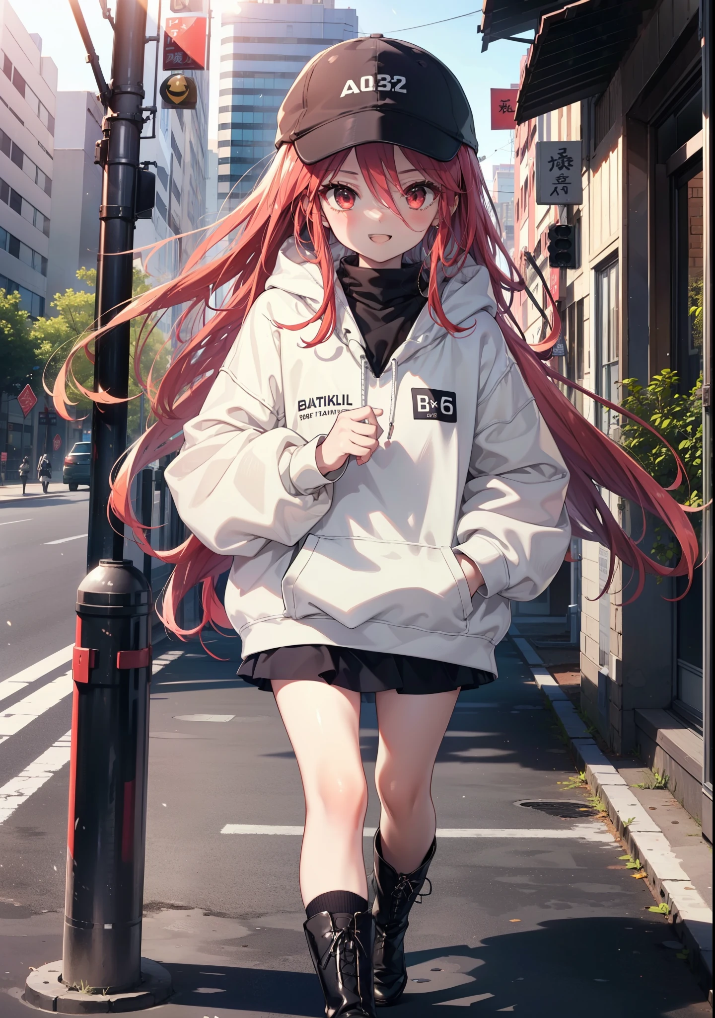 Shana,灼眼のShana,Long Hair, Redhead, Red eyes,happy smile, smile, Open your mouth,Oversized red hoodie,Baseball hats,mini skirt,black tights,short boots,Walking,morning陽,morning,The sun is rising,whole bodyがイラストに入るように, 　　　　　　　break outdoors, Building district, 　　　　　　　　　　　break looking at viewer, whole body, 　　　　　　　　break (masterpiece:1.2), Highest quality, High resolution, unity 8k wallpaper, (shape:0.8), (Beautiful attention to detail:1.6), Highly detailed face, Perfect lighting, Highly detailed CG, (Perfect hands, Perfect Anatomy),